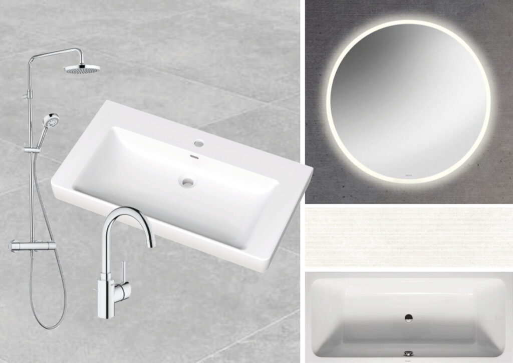 Weißes rechteckiges Waschbecken mit mittigem Ablauf und Einlocharmatur, runder beleuchteter Spiegel und verchromte Duscharmatur mit Regenduschkopf und Handbrause vor grauer Wand.