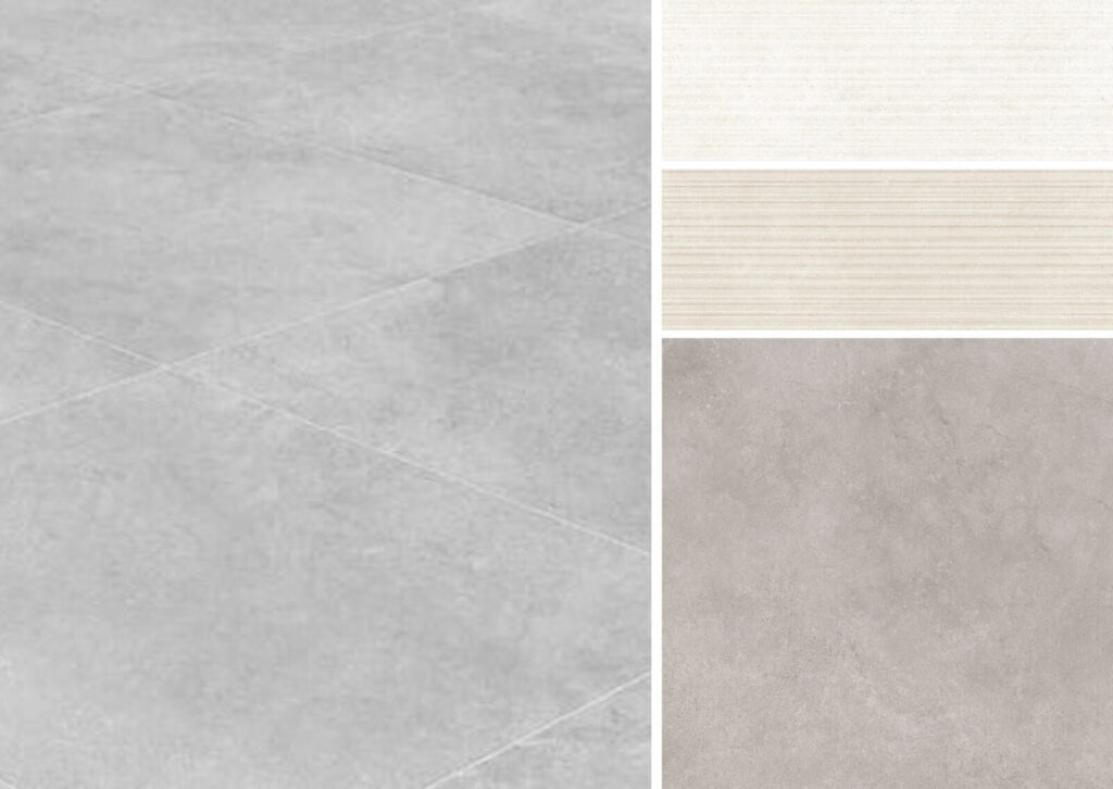 Drei verschiedene Oberflächenmaterialien für Sanitäreinrichtungen in hellen, neutralen Tönen mit glatter und strukturierter Optik